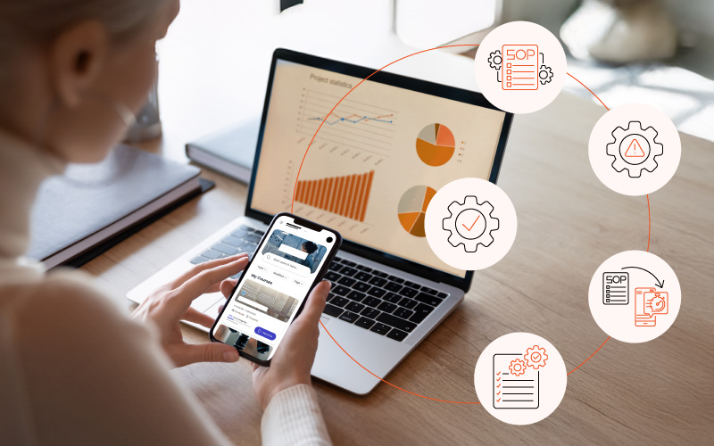 Illustration of employees accessing micro-courses on mobile devices within their workflow, representing Just-in-Time Learning 2.0 with BrinX.ai